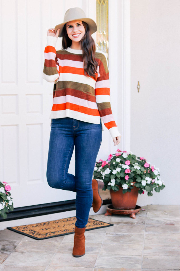Striped Sweater and Cognac Booties