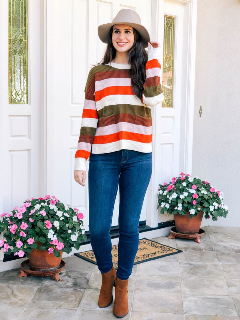 Striped Sweater and Felt Hat with Cognac Booties