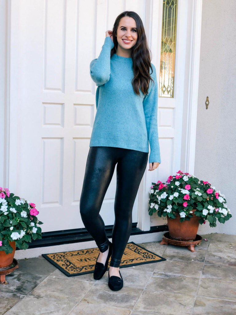 Blue Sweater and Faux Leather Leggings