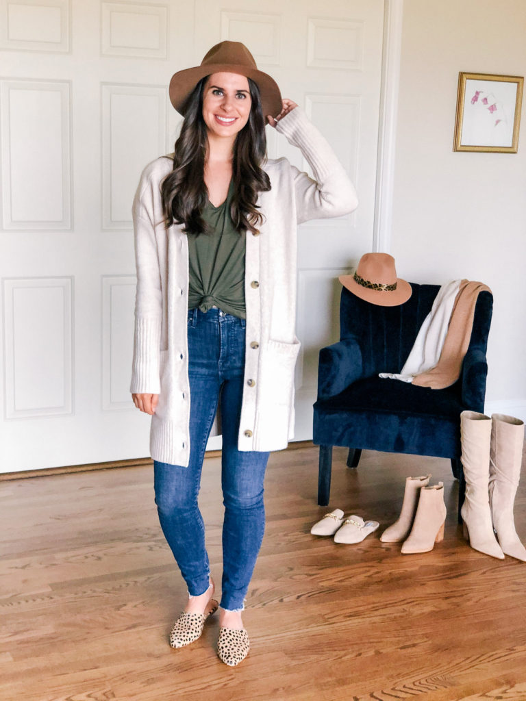 Treasure and Bond Cardigan with Olive T-Shirt with Madewell Mules
