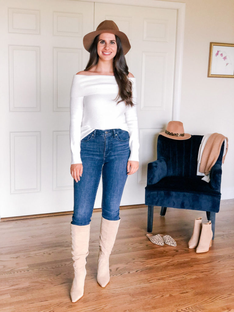 Off the Shoulder Sweater with Fall Hat and Vince Camuto Boots